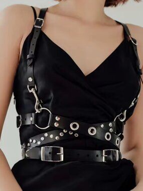 Black PU Leather Wrap-Around Studded Harness Belt